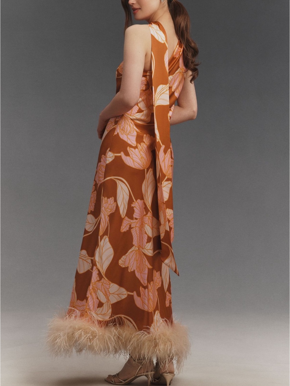 Hutch Rust Floral One-Shoulder Midi Dress with Feather Hem - Picture 3 of 5